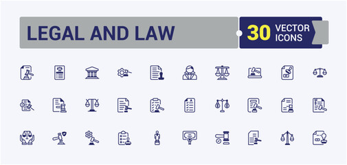 Legal And Law icon collection. Containing right, business, legal, law enforcement, Justice, judge, criminal, defense and more. Web icons. Editable vector outline and solid icons.