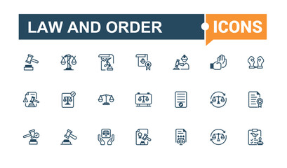 Law and Order icon set. Icon authority, graphic, judge, justice, judgement, hand, web, police. Flat UI icon design. Editable vector outline and solid icons.