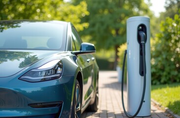 Electric car charging at station on sunny day outdoors.