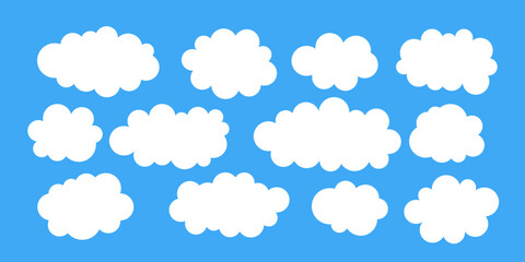 Cute simple clouds icon collection. Blue cloudy sky. Flat white cloud isolated. Funny cartoon weather elements. Abstract speech bubble