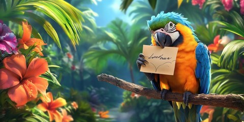 A vibrant parrot stands on a branch in a lush tropical jungle, holding a note in its beak surrounded by colorful flowers and greenery. Generative AI