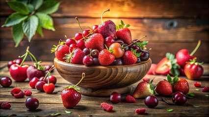 Vintage Red Fruit Still Life Photography:  Antique Bowl, Rustic Setting, Summer Berries, Juicy Cherries, Red Grapes,  Old Camera,  Aged Photo Effect