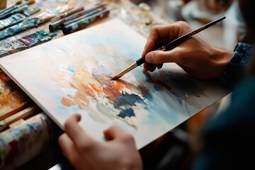 An artist skillfully paints an abstract watercolor, blending vibrant hues and soft techniques.