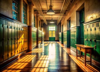 Vintage School Hallway Photography: Retro Classroom Corridor Images, Old School Building Interior, Nostalgia Education Background