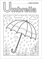 coloring page, English alphabet, letter U with an umbrella image
