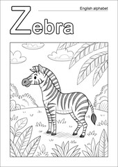 coloring page, English alphabet, letter Z with a zebra image