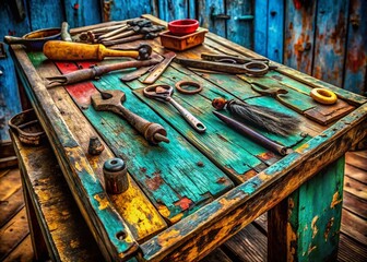 Vintage Tools on Worn Wooden Table - Documentary Photography Style