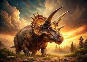 Fototapeta premium Vintage Triceratops Dinosaur Illustration, Retro Prehistoric Reptile Art, Stylized Jurassic Creature