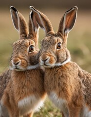 Obraz premium Two brown rabbits close together in a natural setting.