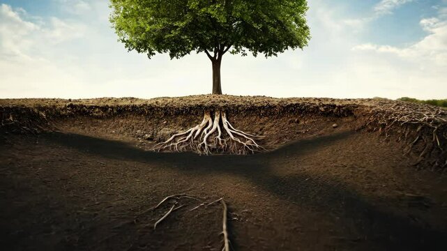Majestic tree with exposed roots growing from a deep, eroded hillside under a clear blue sky