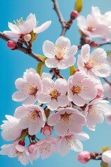 Beautiful vibrant pink white cherry blossom tree with a blue sky background during the spring season