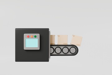 3D Conveyor belt roller with cardboard or parcel box icon isolated on transparent background Minimal Cartoon Empty conveyor belt icon. Logistics manufacturing and Factory industrial Concept. 3d render