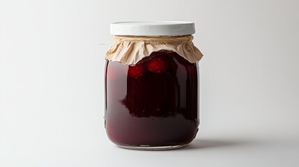 Homemade strawberry jam in a glass jar on white background.