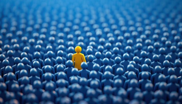 Yellow figure stands out in sea of blue figures. Unique individual stands apart from crowd. Visual represents finding talent in HR, concept of diversity, inclusion in business setting. Yellow figure