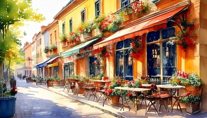 Charming watercolor European street café with outdoor seating and flower boxes
