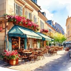 Charming watercolor European street café with outdoor seating and flower boxes