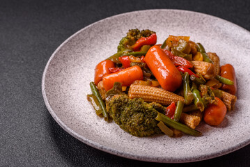 Mix of vegetables corn, carrots, peppers, broccoli, onions in teriyaki sauce