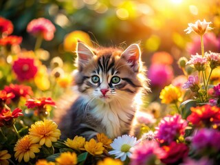 Adorable fluffy kitten nestled amongst vibrant blooms, captured from above by drone.