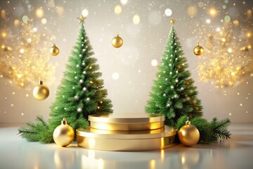 Obraz premium A double-exposure winter scene showcases a 3D gold-beige pedestal, ideal for minimalist product presentations.