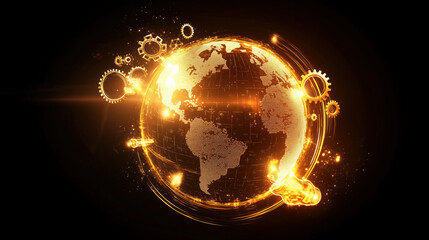 3D Globe with Orbiting Gears, Light Bulbs, and Rocket Icons Glowing with Yellow Trails: Representing Innovation, Technology, and Global Collaboration