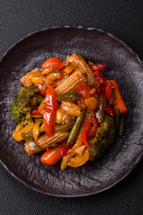 Mix of vegetables corn, carrots, peppers, broccoli, onions in teriyaki sauce