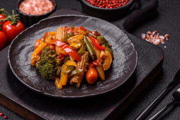 Mix of vegetables corn, carrots, peppers, broccoli, onions in teriyaki sauce