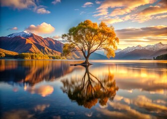 Fototapeta premium Wanaka Lake Sunrise: Iconic Lonely Tree Photography, New Zealand Landscape, South Island Scenery, Golden Hour, Reflection
