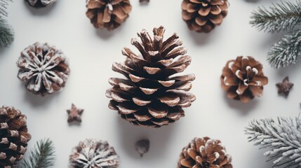 Isolated pine cone on white background, surrounded by other cones. Suitable for Christmas decorations and festive themes.