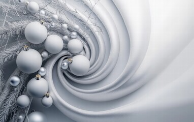 A chic holiday backdrop with monochrome ornaments arranged in a spiral pattern over a frosted gray gradient
