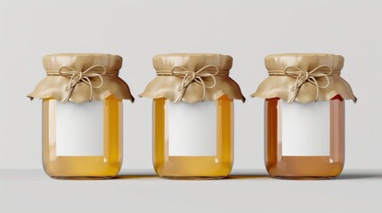 Honey Jars Mock-Up: Three Blank Label Jars for Acacia, Alfalfa, and Apple Honey Advertising