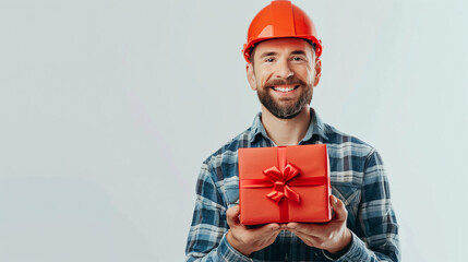 Big red gift box in hands of smiling constructor worker in red helmet 