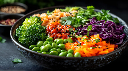 A Vibrant and Nutritious Healthy Bowl Featuring Steamed Broccoli, Edamame, and Fresh Leafy Greens