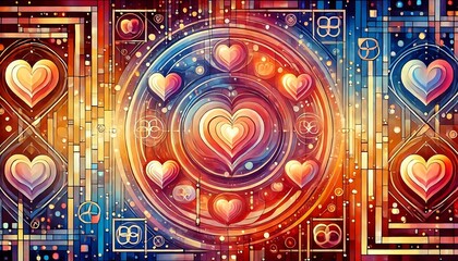 apture love as a profound emotional state in a warm and vibrant digital artwork, using soft gradients, interlocking shapes, and symbolic hearts with Generative AI