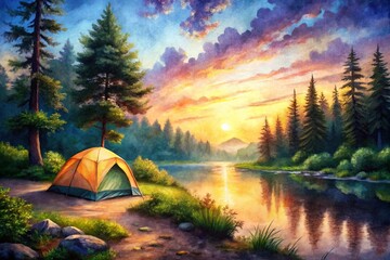 Watercolor Camping Scene: Peaceful Nature, Tent, Forest, River, Sunset, Landscape Painting