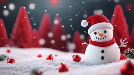 Fototapeta premium Snowman wearing santa hat enjoying snowfall in christmas landscape