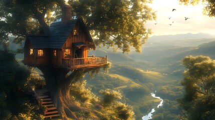 Idyllic treehouse nestled in a majestic forest overlooking a serene valley at sunset.