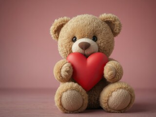 Soft brown teddy bear clutching a red heart, affection,friendship