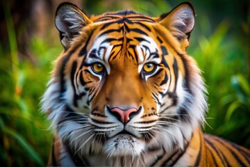 Obraz premium Close-up: A wild Bengal tiger's powerful gaze and vibrant stripes, captured in a documentary style.