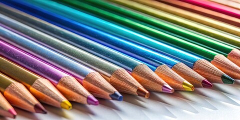 Close-up of metallic colored pencils diagonally positioned; high-resolution detail reveals shimmering hues.