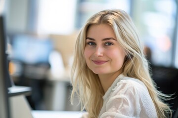 Keep Working. Portrait of a Young Blond Businesswoman, Focused on Her Career in a Modern Office