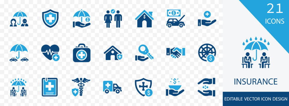 Insurance and assurance solid icon set. containing travel, car,  security, shield, financial, disability, accident insurance and more vector design