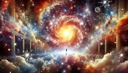 Visualize awe as a grand cosmic scene filled with intricate stars, galaxies, and radiant colors, evoking wonder and amazement through Generative AI