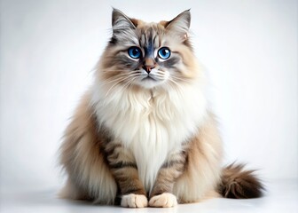 Deep depth of field reveals a majestic fluffy cat's mesmerizing blue eyes; exquisite pet portrait.