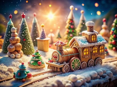 Whimsical Oversized Gingerbread Train, Winter Wonderland, Tilt-Shift, Candy, Magical, Cinematic Lighting