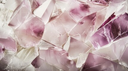 Shattered shards of translucent pink, violet, and frosty white burst in intricate patterns, creating dynamic crystalline surfaces that radiate elegance and brilliance.