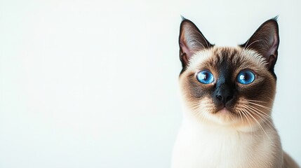 Fototapeta premium Close-up Siamese cat with blue eyes on white background.