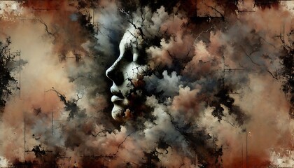 Visualize shame as crumbling textures and muted, dark tones, representing inner guilt and emotional vulnerability through abstract designs with Generative AI
