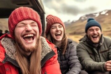 Cheerful gathering: young caucasian adults enjoying an outdoor adventure in winter attire