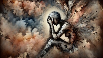 Visualize shame as crumbling textures and muted, dark tones, representing inner guilt and emotional vulnerability through abstract designs with Generative AI
