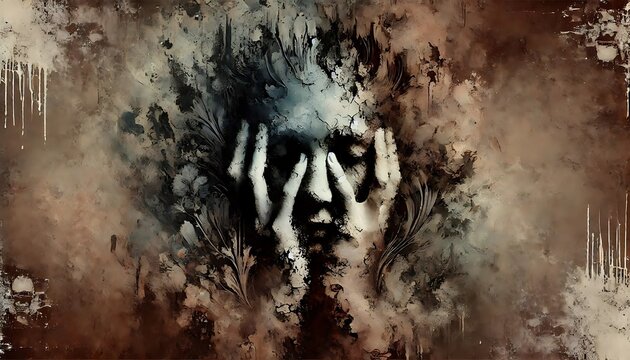 Visualize shame as crumbling textures and muted, dark tones, representing inner guilt and emotional vulnerability through abstract designs with Generative AI